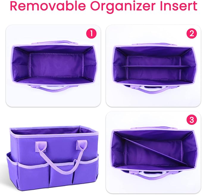 Desktop Tote and Organizer, Teacher Helper caddy Bag for Arts, Books, Stationery, Office Desk Organization, Make-up Storage with Handles for Travel (Purple)