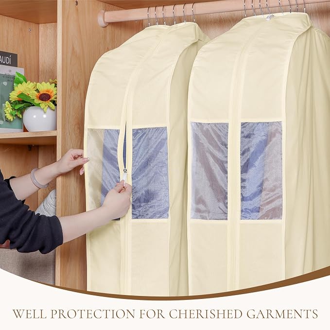 Univivi Premium Cotton Garment Bags for Hanging Clothes and Storage, 40 Inch Washable Suit Cover Bag with Extra Large 10" Gusset & Clear Window - Perfect for Suits, Coats, Jackets - 2 Pack, Beige