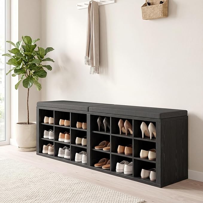 Shoe Rack Bench, Shoe Storage Bench with Cushion, Shoe Organizer 18 Cubbies for Entryway Hallway Bedroom Living Room, Holds Up to 400lbs