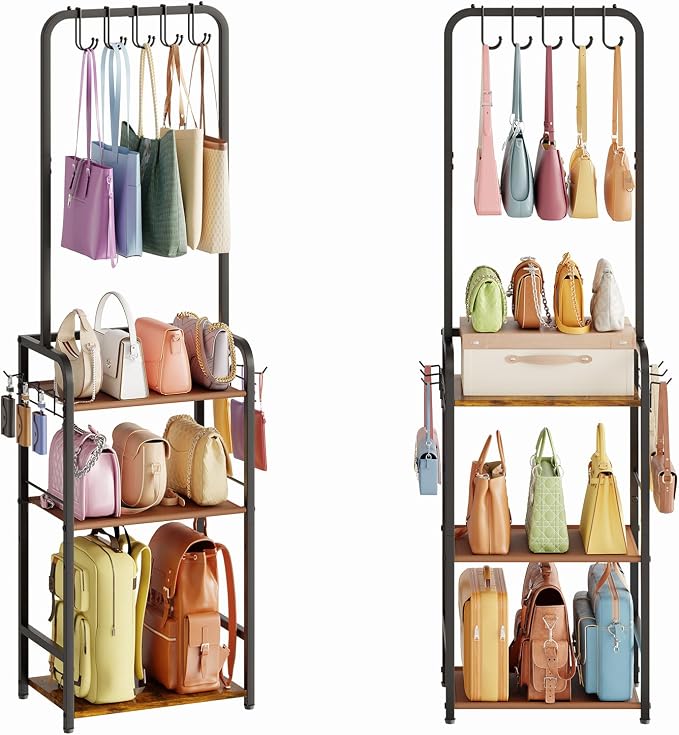 4-Tier Purse Organizer for Closet with 5 Purse Hanger, Tall & Vintage Purse Rack Stand for Purse Storage with 6 Side Hooks, Adjustable Handbag Organizer, Purse Storage Organizer for Small Place