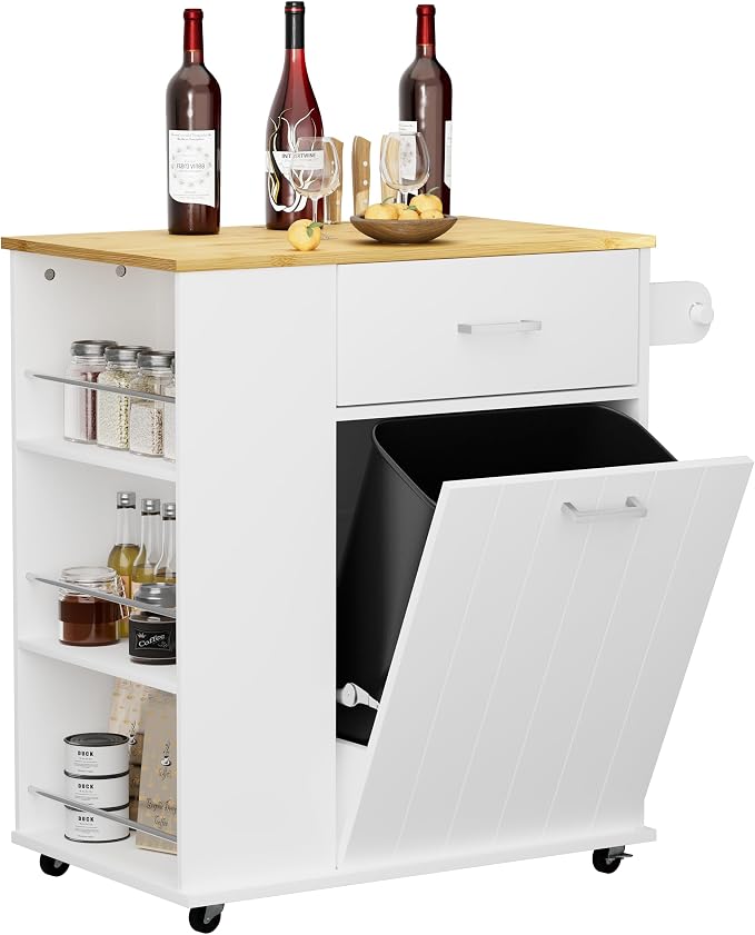 HQZX Rolling Kitchen Island with Trash Can Storage, Portable Kitchen Island on Wheels with Towel Rack & Spice Rack, Tilt Out Trash Can Cabinet with Drawer, Mobile Island Cart (White)