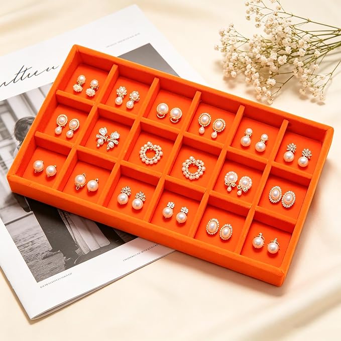 Velvet Jewelry Trays for Drawers, Orange Stackable Jewelry Drawer Organizer Inserts, Ring Earring Necklace Bracelet Holder Organizer Storage Display Tray with Removable Dividers, 18 Grids
