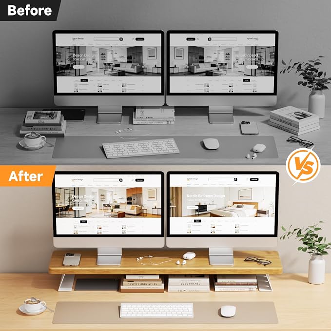Dual Monitor Stand Riser, 39 Inch Large Wood Monitor Stands for 2 Monitors, Desk Monitor Riser for Computer/Laptop/Printer/TV, Stand Riser up to 220 lbs