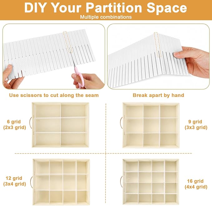 Minimalist Home DIY Underwear Drawer Organizer-Dustproof Sock Organizer with 6pcs Drawer Divider Adjustable Cream White Stackable Closet Storage Bins for Bra Socks Ties