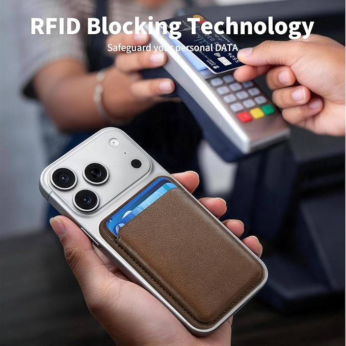 Magnetic Wallet Phone Card Holder for Phone Case with Mag-Safe, Stronger Magnetic RFID Leather Phone Wallet Stick on Series of iPhone 17/16/15/14/13/12 and Pro/Promax, Vintage Brown