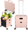 Foldable Utility Cart Portable Rolling Crate Handcart Shopping Trolley Collapsible 4 Rotate Wheels with Durable Heavy Duty Plastic Telescoping Handle for Travel Shopping Moving Storage Office Use