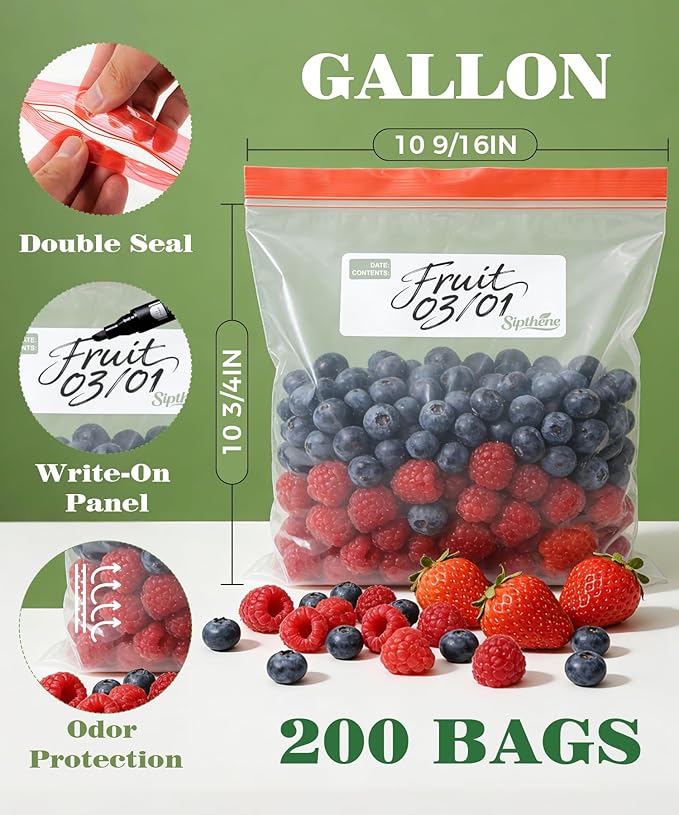 Gallon Food Storage Freezer Bags 200 Count, Heavy Duty & BPA Free Gallon Bags with Double Zipper Seal, Write On Labels, Kitchen and Meal Prep Baggies, Non Stand Up Design | Leakproof Seal, Locks in Freshness