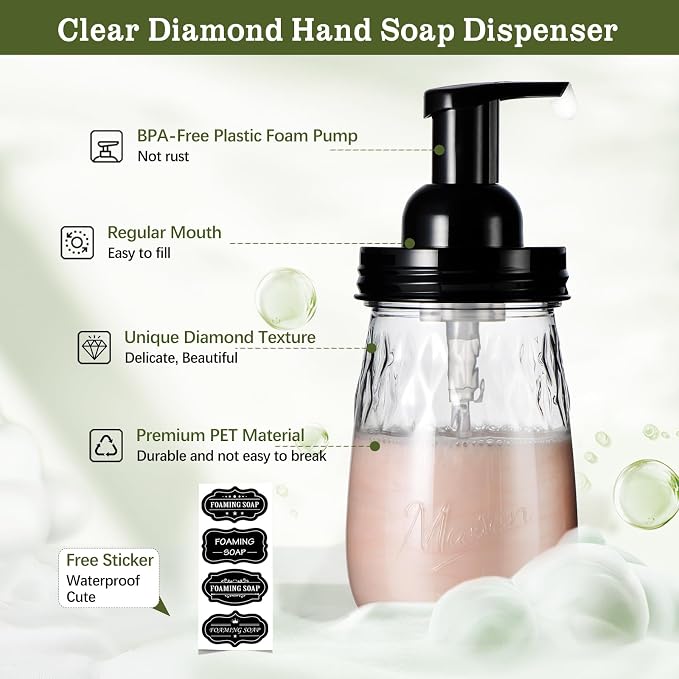 Amolliar 16Oz Foaming Soap Dispenser with Pump Lid, Plastic Refillable Foam Hand Dish Soap Dispenser Set, Clear Diamond Dispenser with Lable for Farmhouse Kitchen Bathroom (2 Pack, Black)