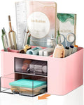 Stationary Organiser 7-Grid Desk Organizer with Drawer – Multifunctional Plastic Table Organizer & Pen Holder for School, Office, and Home (Pink)