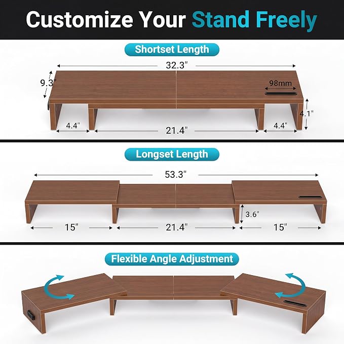 BONTEC Triple Monitor Stand Riser with Smartphone Holder, Adjustable Length & Swivel Angle, Ergonomic Wooden Desktop Organizer for PC Monitor, Laptop, Printer, Large Storage, 53.3 in, Walnut