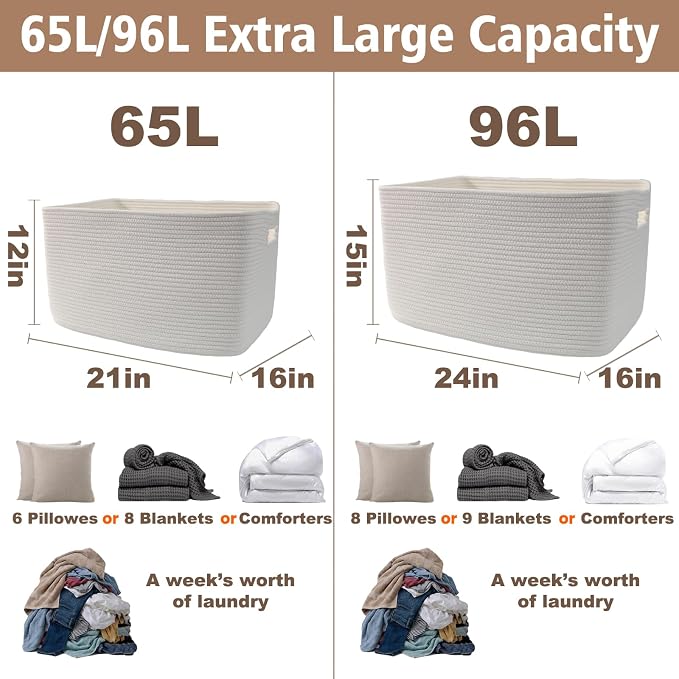 JMvicyroam Woven Blanket Basket,65L Large Storage Bin for Blankets Toys Clothes,Decorative Rope Basket for Living Room Bedroom with Handles, White