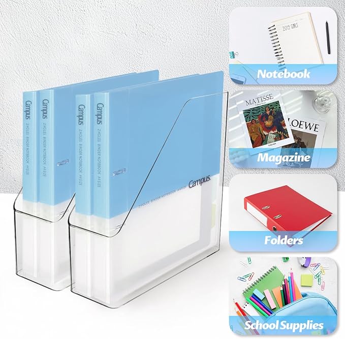 4Pcs Clear Acrylic Magazine File Holder, Plastic Vertical File Folder Storage Magazine Rack Bin, Acrylic Magazine Holder, Desk Document Sorter Organizer for Home Office School Work Desktop Supplies