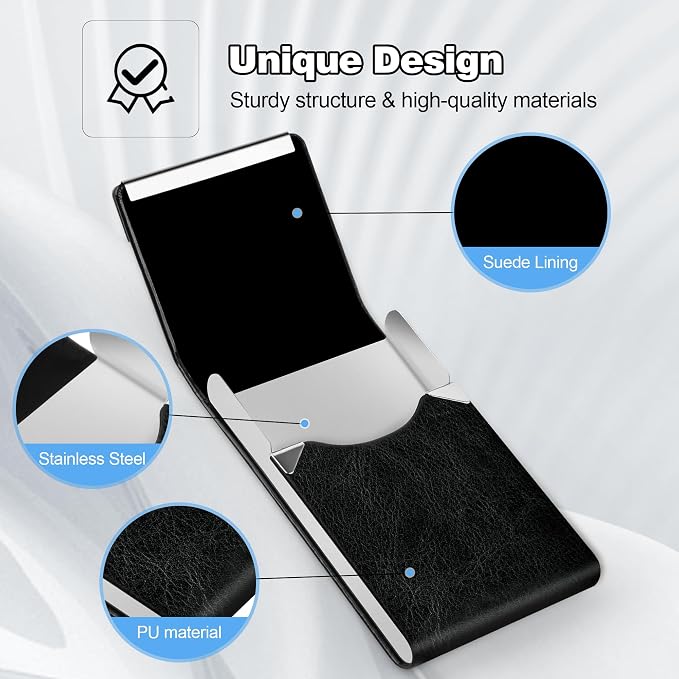 Business Card Holder for Women or Men, Business Card Case with PU Leather and Stainless Steel, Slim Metal Case with Magnetic Closure for Business Meeting Use