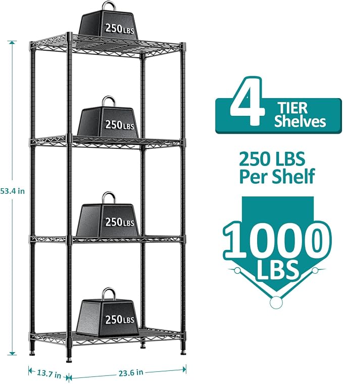 4 Tier Wire Shelf, 1000 LBS Black Wire Shelving Unit for Garage Storage | 13.8" D X 23.6" W X 53.4" H Shelving Unit with Adjustable Layer, Metal Wire Shelf Rack for Pantry Kitchen and Restaurant