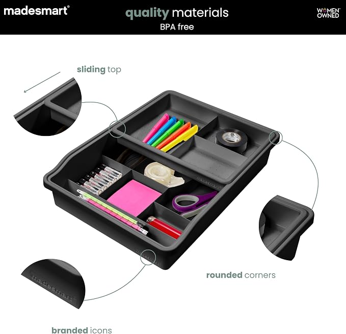 madesmart Original Junk Drawer Organizer® with Sliding Top Tray, 13 Compartments, Multi-Purpose Storage for Kitchen, Office & Bathroom Drawers, Carbon