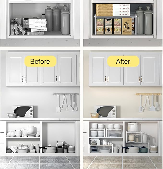 2 Pack Stackable Cabinet Shelf Organizer - Heavy-Duty Coated Metal Storage Rack, Non-Slip Space-Saving for Kitchen Pantry, Under Sink, Cupboard, Countertop (Black)