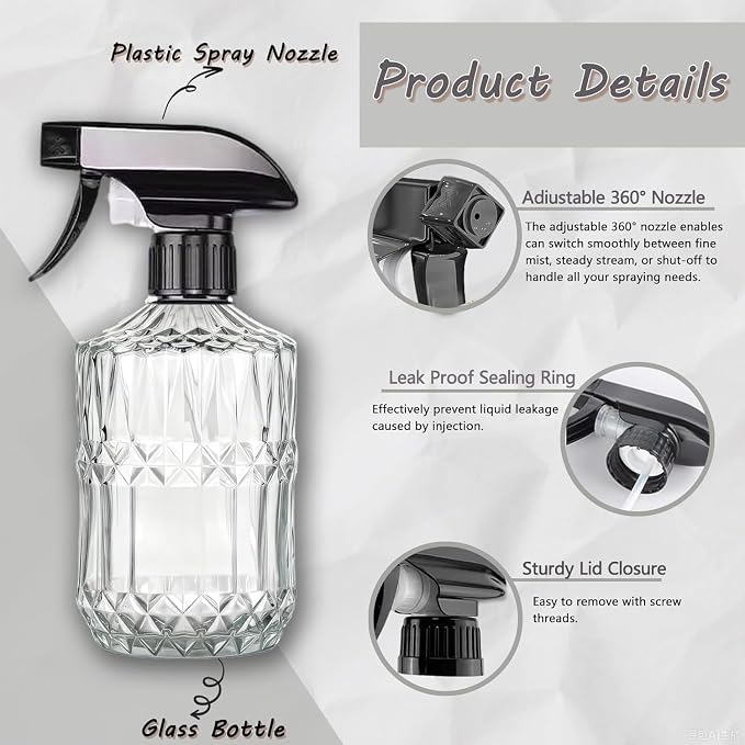 Clear Glass Handheld Spray Bottle, 2pack | 15oz Refillable Adjustable Nozzle Spray Bottle, Multi-Use Mist Sprayer for Plants, Hair, Cleaning, Gardening and Pet Care