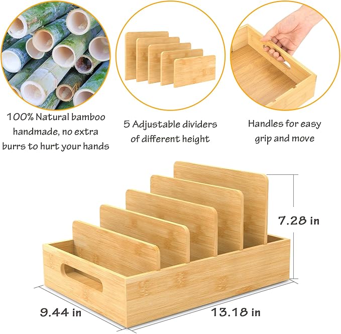 Retro Shaw Lid Organizer for Plastic Lids, with 5 Adjustable Dividers | Bamboo, Kitchen Storage and Organization, Fit For Cabinet and Drawer