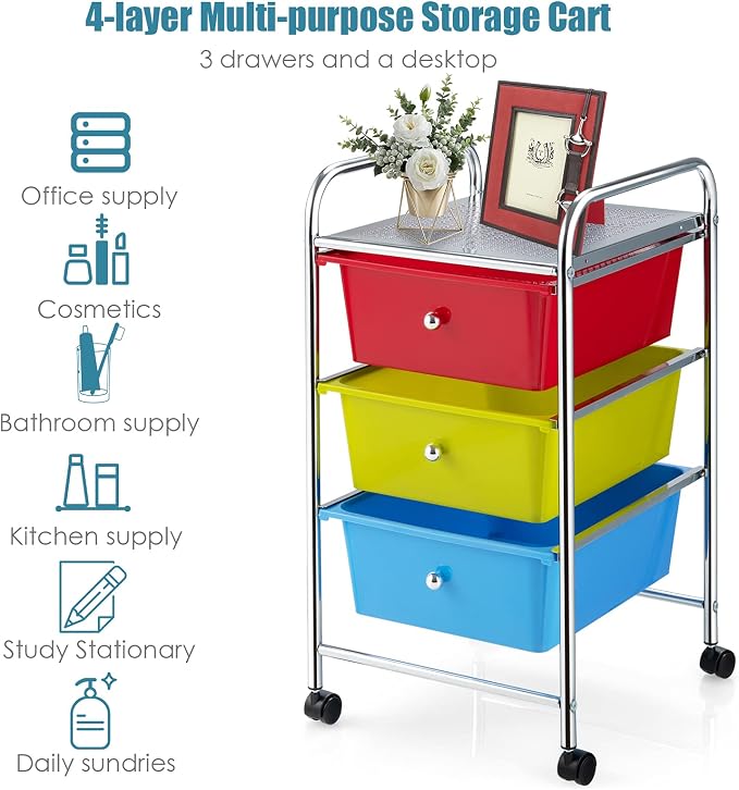 Giantex Rolling Cart with Drawers, Craft Organizer with Wheels, 3 Drawer Storage Container Bins for Back to School Office Scrapbook Paper Tools Red, Green & Blue