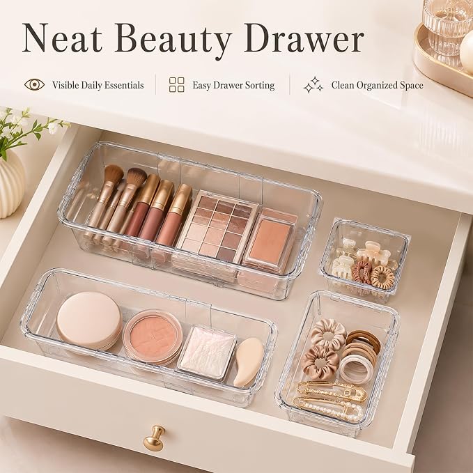 14 Pcs Extendable Clear Drawer Organizer, Adjustable Plastic Storage Bins, 3-Size Transparent Drawer Organizer Storage Tray for Makeup, Cosmetics, and Gadgets