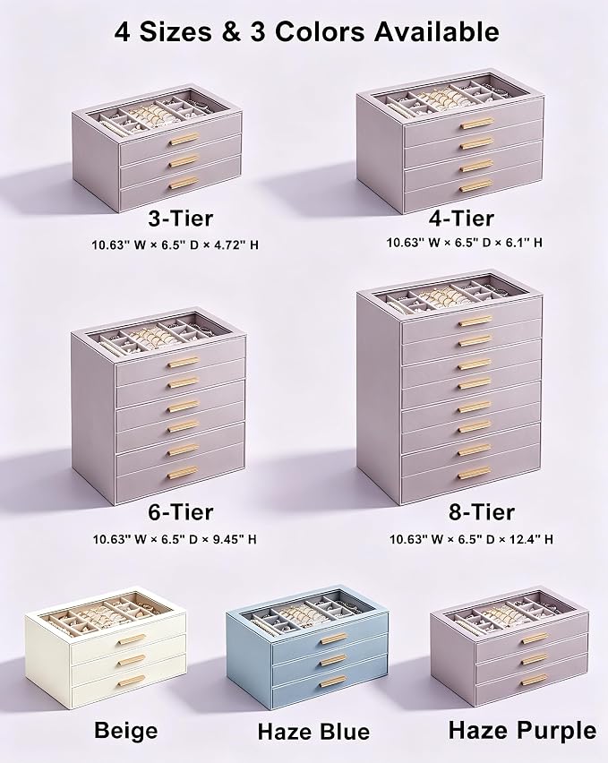 Lolalet Jewelry Box Organizer, 8-Layer Jewelry Organizers and Storage Case with Glass Lid, Ring Earring Bracelet Necklace Holder Organizer, Birthday Valentine Gifts for Women Girls -8Layer, HazePurple