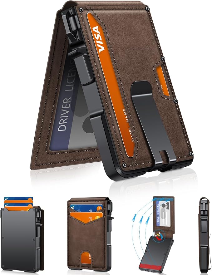 ZALVEX Wallet for Men, Mens Minimalist Wallet 9-13 Cards, Slim Compact Wallet with Money Clip & ID Window, RFID Blocking Smart Pop Up Card Wallet, Metal Aluminum Credit Card Holder Bifold Wallet | Money Clip & ID Window, Compact Smart Pop Up Card Walle...