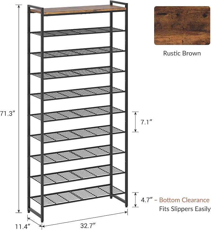 10 Tier Shoe Rack Organizer for 40-50 Pairs, Tall Metal Shoe Storage Shelf with Wood Top, Adjustable Boot Space, Narrow Design for Entryway Closet,Rustic Brown and Black
