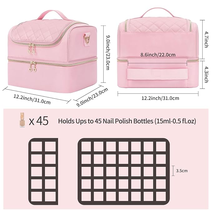 CUBETASTIC Nail Polish Organizer Case, Nail Supplies Storage Box Holds Nail Polish Bottles & Nail Lamp, Travel Nail Tech Carrying Case, Nail Kit Bag For Nail Stuff & Manicure Tools (Pink, 45 Slots)