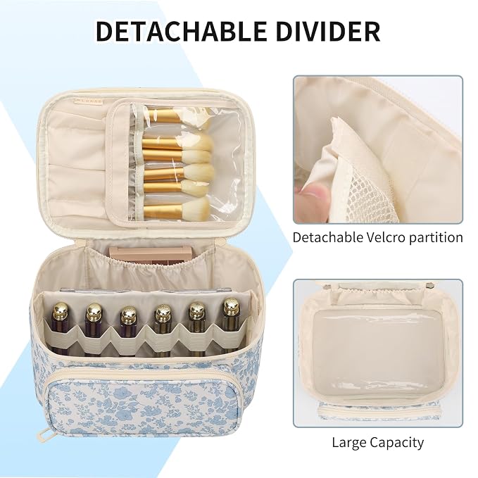 OCHEAL Makeup Bag, Multifunctional Make Up Bags Large Compact Makeup Bag Organizer Cosmetics Toiletry Brushes Storage Case for Women Girls Makeup Case with Handle Divider-Floar