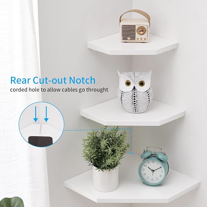 Corner Floating Shelves, White Corner Wall Shelf Set of 2, Solid Oak Wood Floating Shelves Wall Mount Shelf with Wire Hole Small Plant Display for Kitchen Living Room Bedroom