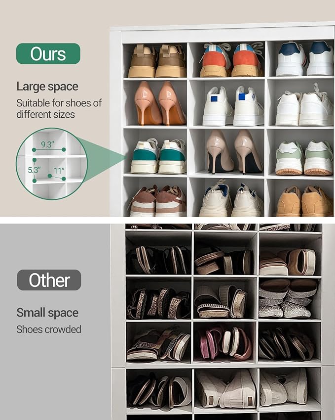 Hzuaneri Shoe Storage Cabinet, 60 Pairs Free Standing Closet Organizer, 9 inch Widened Cell Wood Shoe Organizer, 15 Tiers Vertical Space Saving Shoe Rack for Entryway, Cloakroom, White SR49603X