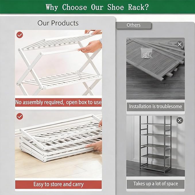 5 Tier Bamboo Shoe Rack White,Portable Folding Shoe Storage Rack,Without Installation Small Shoe Rack Perfect for Corridors, Drom, Bedrooms and Small Spaces