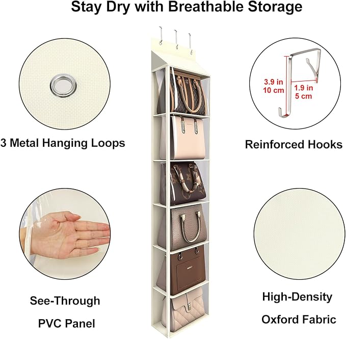 Lirex Over The Door Purse Organizer & Purse Shelf for Closet – Handbag Storage Organizer with Purse Hanger. Perfect for Scarves, Hats, and Leggings. L (15.7'' x 5.7'' x 68''), Cream White