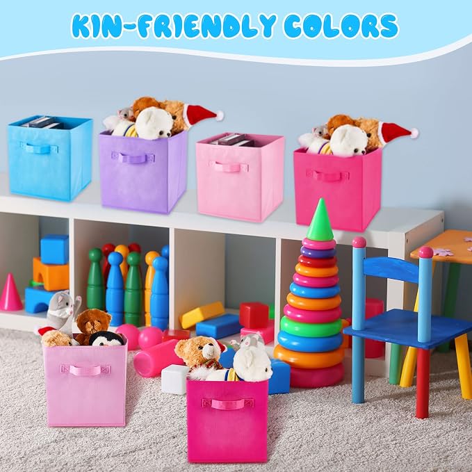 Yinder 12 Pcs Cube Storage Bin 10.5''x10.5''x11'' Storage Bins for Kids Classroom Decor Colorful Bins Foldable Baskets for Playroom Nursery Organizer Fabric Boxes (Sky Blue, Purple, Pink, Rose)