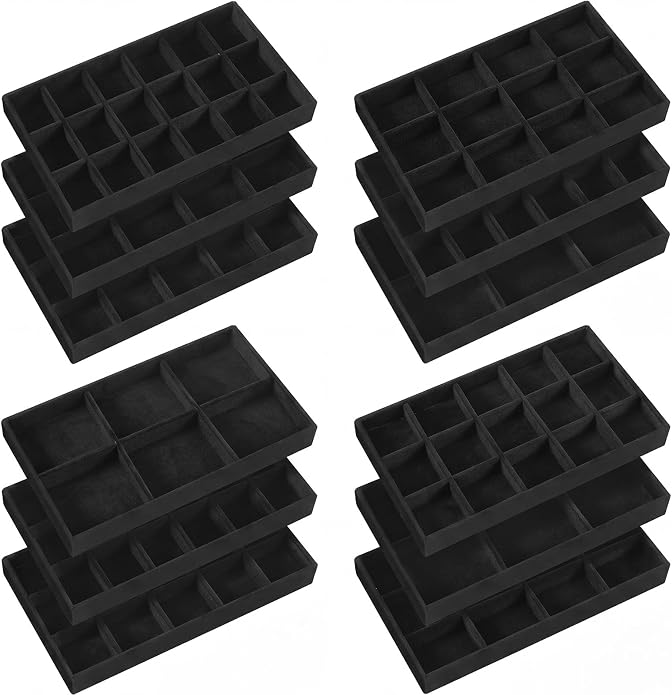 Junkin 12 Pcs Jewelry Tray Velvet Stackable Jewelry Organizer Trays Divided Earring Accessories Storage Containers Box (Rose Red)