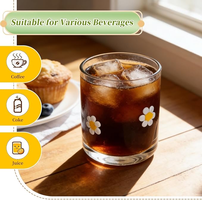 14 Ounce Icon Juice Glasses, Aesthetic Cocktail & Old Fashioned Drinking Glasses, Iconic Clear Glass Cups for Women, Sister, Friend & Party Gifts (Daisy)