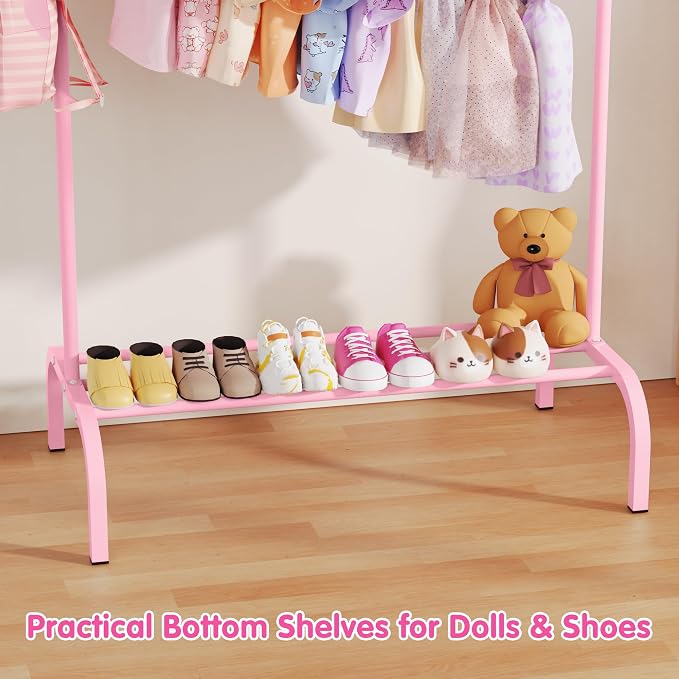 Kids Clothes Rack for Ages 3-6, Montessori Kids Clothing Rack, Pink | Kids Dress up Rack with Bottom Shelf & Side Hooks, Toddler Wardrobe Rack for Bedroom, Playroom, Nursery & Small Room Storage
