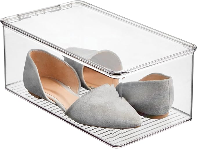 iDesign Stackable Shoe Box with Hinged-Lid, Clear | For Wedges or Sandals, Made in USA