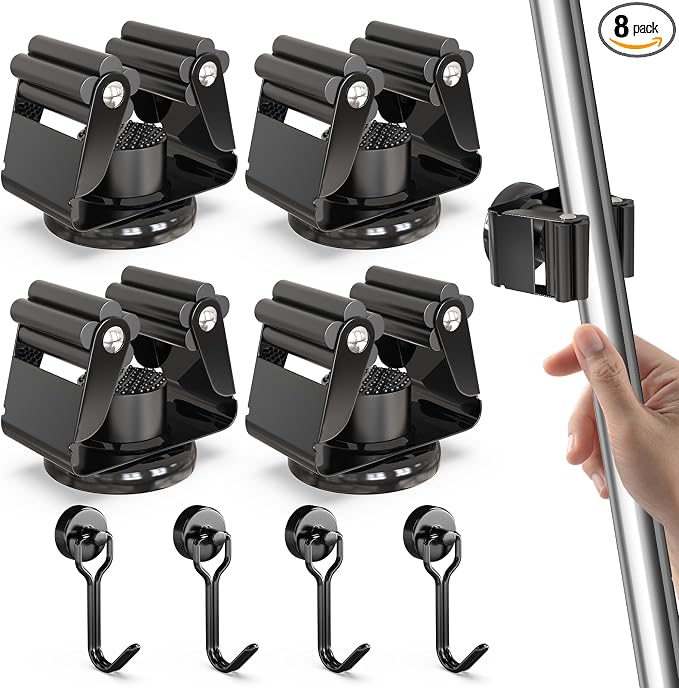 3-H Magnetic Broom Holder 8pcs, Stainless Steel No Drill Mop Holder Wall Mount with 4 Mini Magnetic Hooks, Movable Magnet Tool Organizer for Garage Laundry Kitchen Garden RV,Black
