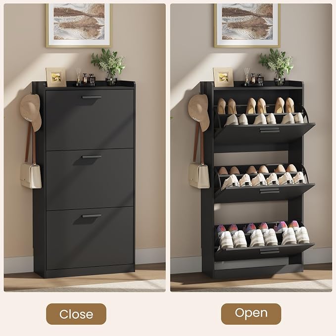 Shoe Cabinet Organizer with 3 Flip Drawers, Freestanding Shoe Storage Cabinet, Adjustable and Removable Dividers, 23.6"W x 8.7"D x 47.2"H Narrow Shoe Rack for Entryway, Foyer, Hallway, Black