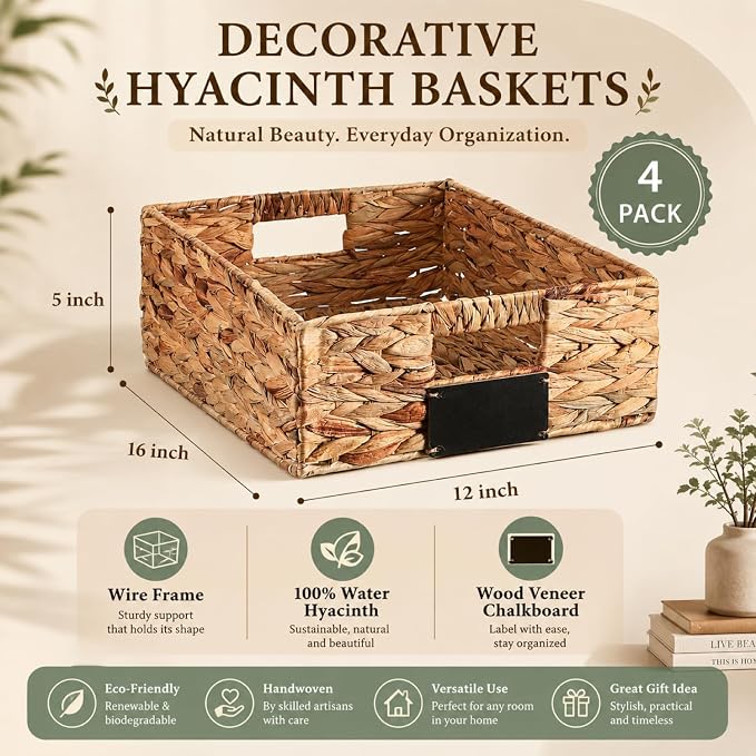 Nitial Wicker Storage Basket, Rectangular Water Hyacinth Storage Basket for Shelving, Foldable Woven Pantry Organizer with Chalkboard Label and Chalk Marker(16 x 12 x 5 Inch,Natural)
