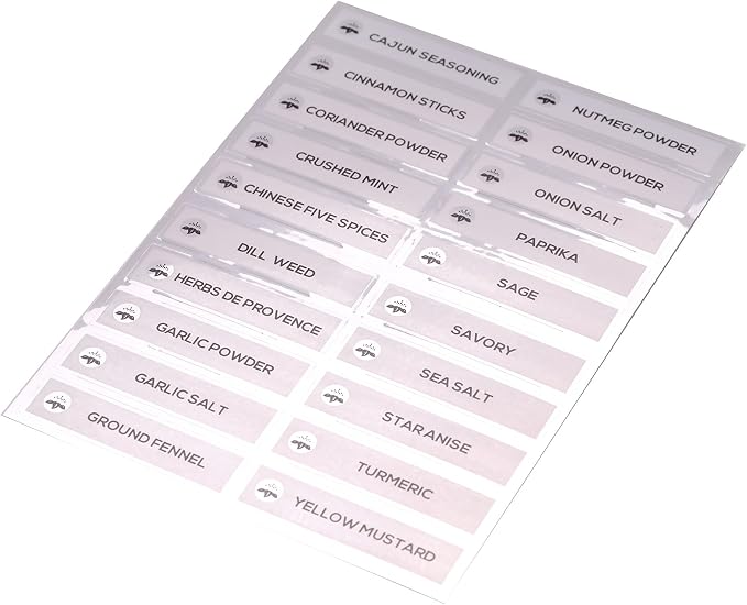 Orii Spice Labels, Silver/White, 40 Preprinted + 20 Blank (60 Total) | Kitchen Jar Label Combo Tags, Pantry Ingredients Organization, Spice Rack Organization