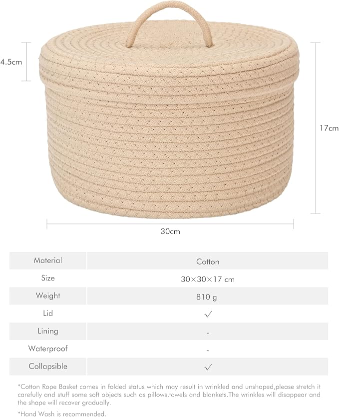 Sea Team Round Cotton Rope Storage Basket with Lid, Lidded Woven Storage Bin, Nursery Storage Container, Diaper Caddy, Baby Shower Basket, Box, Organizer, 11.8 x 11.8 x 6.7 Inches (Medium, Khaki)