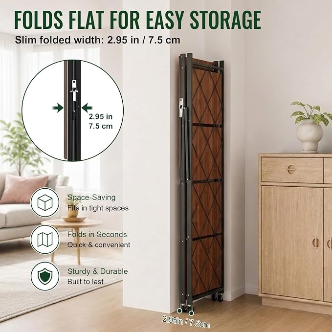 black leopard 5-Tier Foldable Shelf with Wheels, Wood-Grain Steel Shelves | Pre-assembled frame unfolds in seconds with tool-free wheel setup for fast, convenient use.