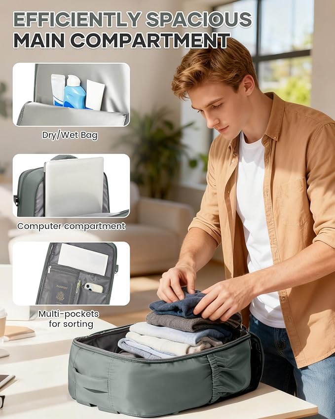 Large Travel Backpack for Women Men Airplanes Carry On Laptop Waterproof Hiking Backpack Person Item Flight Approved Outdoor Sports Rucksack Casual DaypackMochila De Viaje Gym traveling bag Green