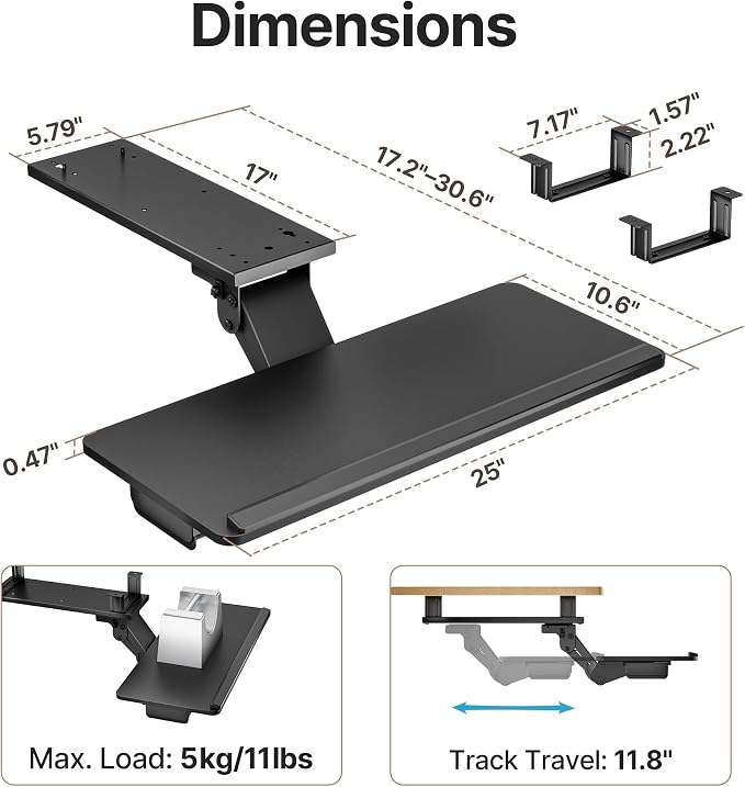 PEGZONE Keyboard Tray Under Desk Slide Out, 25 x 11 inch, Black | with Storage Drawer, Height Adjustable Swivel Tilt, Ergonomic Under Desk Mount Keyboard & Mouse Holder for Gaming Home Office