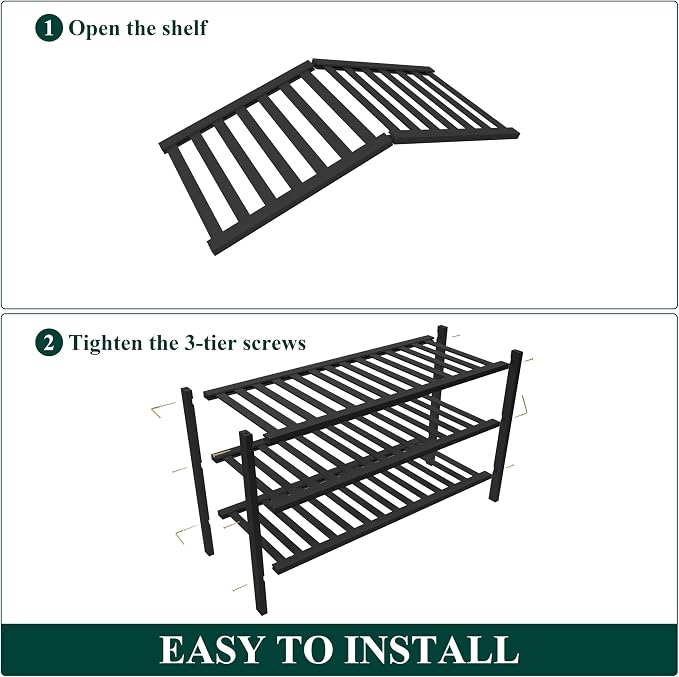 Smiry Bamboo Shoe Rack for Closet, 3 Tier Wooden Shoe Organizer, Stackable Wood Shoe Storage Shelf for Entryway, 14 Vertical Slats, One-piece Heavy-Duty Legs, 26.77"x11.02"x18.31", Black