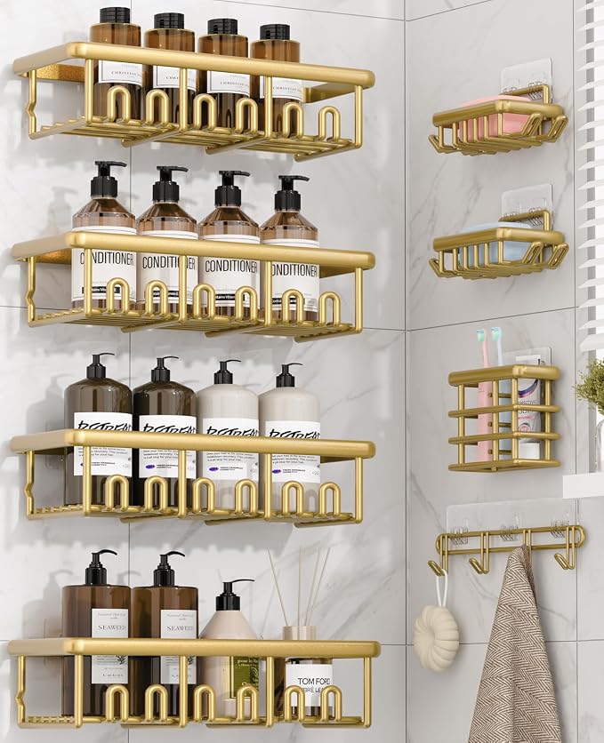 8 Pack Adhesive Rustproof Shower Caddy with Soap Dishes, Toothbrush Holder & Hooks, Large Capacity No-Drilling Shower Shelves Rack for Bathroom Organizers and Storage Accessories, Gold