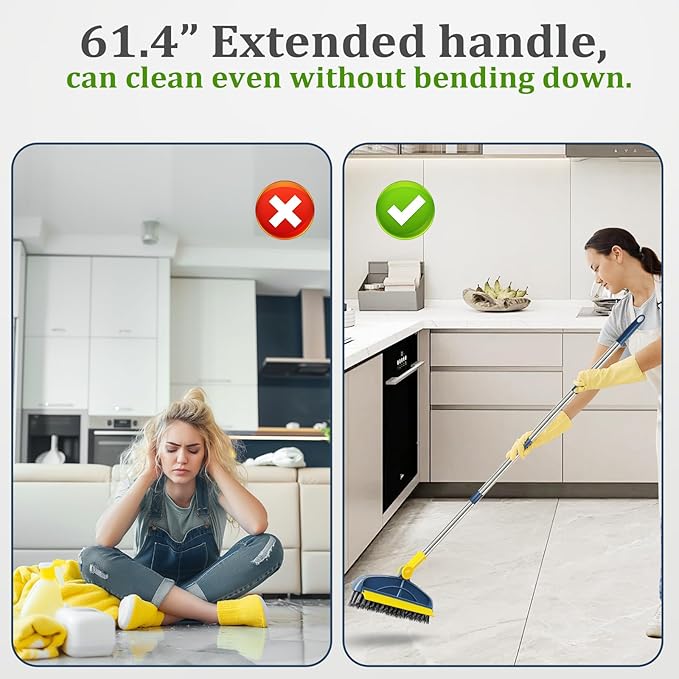 Long Handle Grout Cleaning Brush with for Tile Floors, Tapered Bristles Grouting Line Brush, 2 in 1 Scrub with Scraper