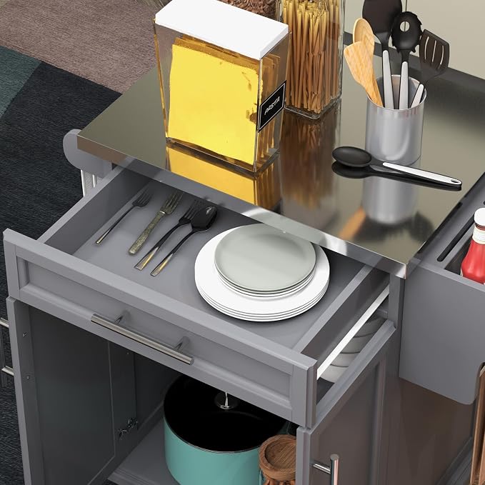 HOMCOM Kitchen Island on Wheels, Rolling Kitchen Cart with Stainless Steel Countertop, Drawer, Towel Rack and Spice Rack, Utility Storage Trolley, Gray